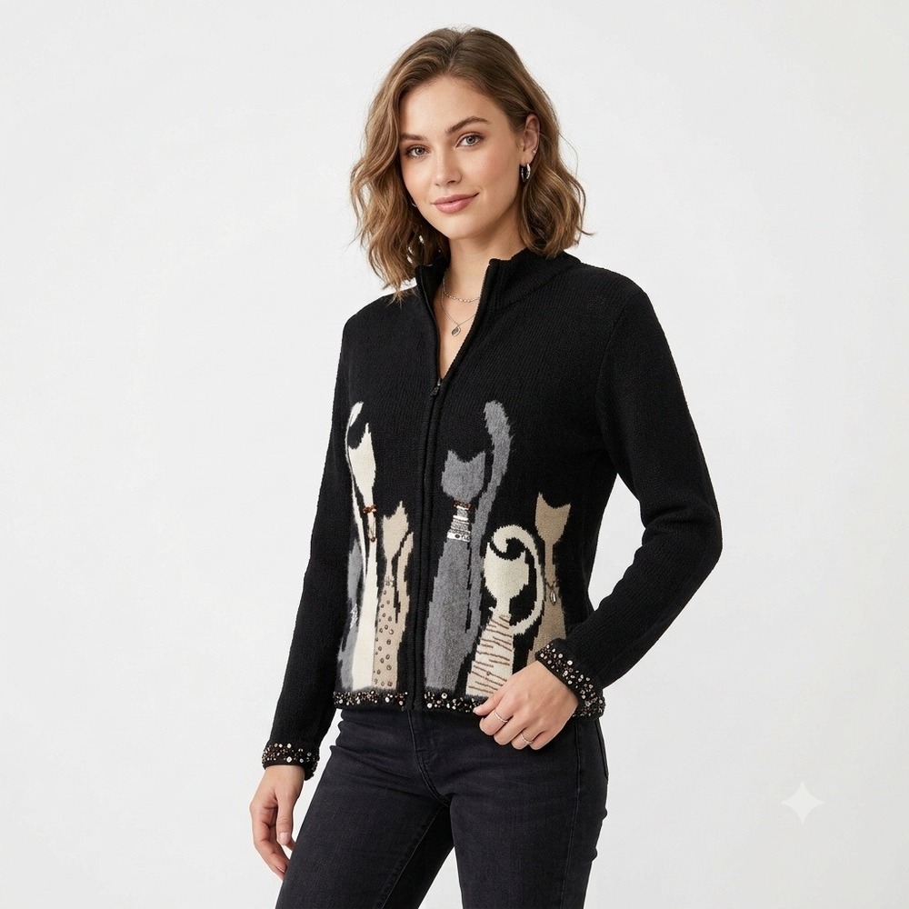 Coldwater Creek VTG Cat Zip Cardigan Large Black Beaded Sequin Retro Sweater Art